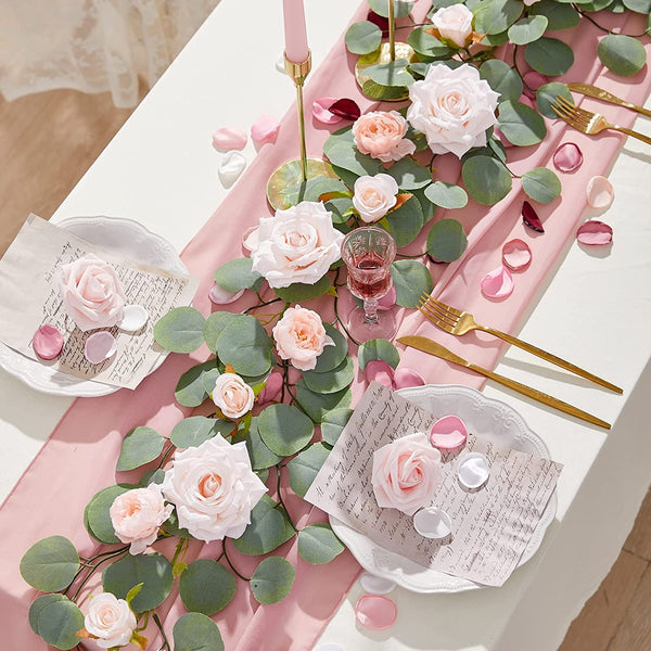 Floral Garland - 21 Flower 6FT Pink Rose and Eucalyptus Wedding Centerpiece Table Runner Mantle Home Decor