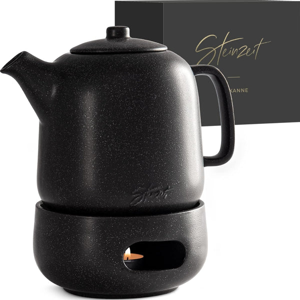 Steinzeit Design Tea Pot with Warmer (44 oz) - Premium Ceramic Teapot with Infuser for Loose Tea - Black Teapot Ceramic with Removable Strainer