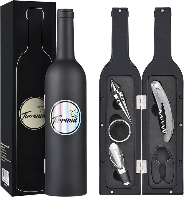 Kato Wine Accessories Gift Set - Wine Bottle Corkscrew Opener Kit, Drip Ring, Foil Cutter and Wine Pourer and Stopper in Novelty Bottle-Shaped Case Valentine's Gift, Black