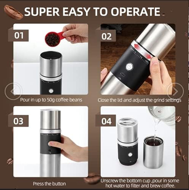 Electric Conical Burr Coffee Grinder Mni Portable Cordless Rechargeable Espresso Travel Coffee Bean Grinder Stainless Steel Coffee Maker with 15 Fine to Coarse Grind Settings Christmas Gift (Black)