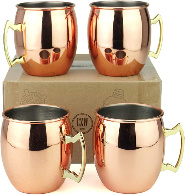 PG Copper/Rose Gold Plated Stainless Steel Moscow Mule Mug - Bar Gift Set 4 - Factory Direct (19 oz) - Authentic Traditional Design - Smooth Finish Original Brass Handle!