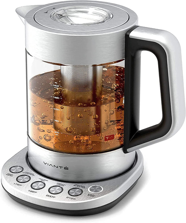 Vianté Hot Tea Maker Electric Glass Kettle with tea infuser and temperature control. Automatic Shut off. Brewing Programs for your favorite teas and Coffee. 1.5 Liters capacity.