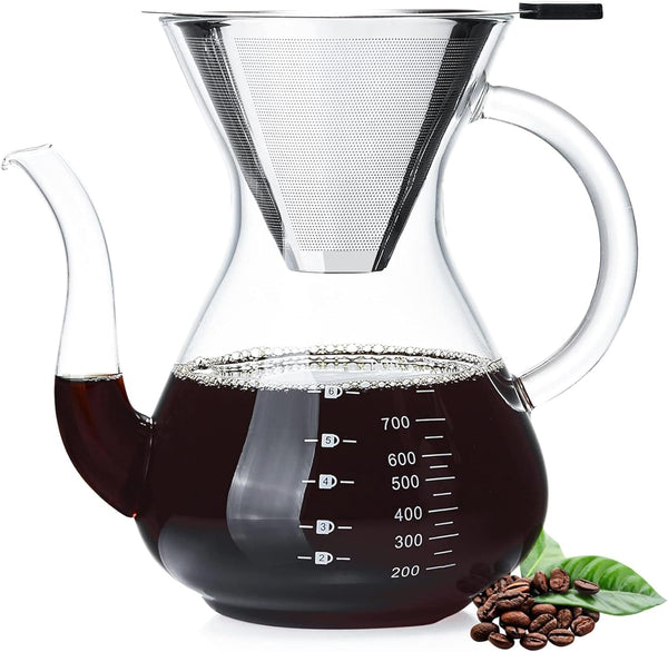 Unbreakable Pour Over Coffee Maker,1000ml/34oz Paperless Borosilicate Glass Carafe and Reusable Stainless Steel Permanent Filter,Glass Coffee Pot,Manual Coffee Dripper Brewer (34oz)