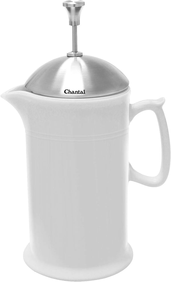 Chantal Stoneware French Press with Stainless Steel Plunger and Lid, 28 ounce capacity, White