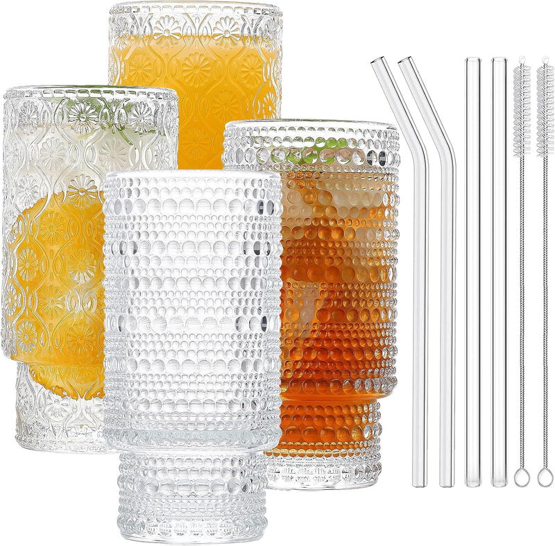 WISIMMALL Drinking Glasses with Bamboo Lids and Glass Straw 2PCS Set, 16oz Can Shaped Glass Cups with Lids and Straws, Beer Glasses, Iced Coffee Glasses, Soda, Gift 1 Cleaning Brushes