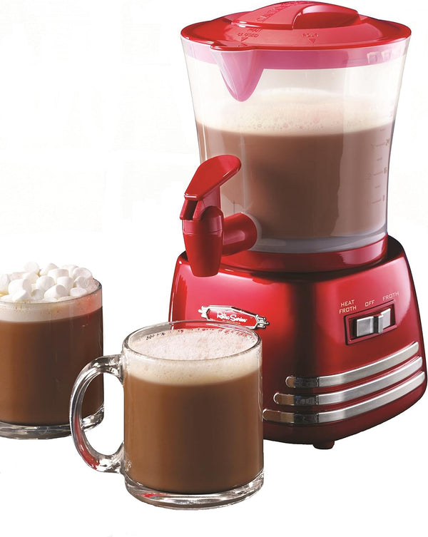 Nostalgia Retro Frother and Hot Chocolate Maker and Dispenser, 32 Oz, for Coffees, Lattes, Cappuccinos, Red