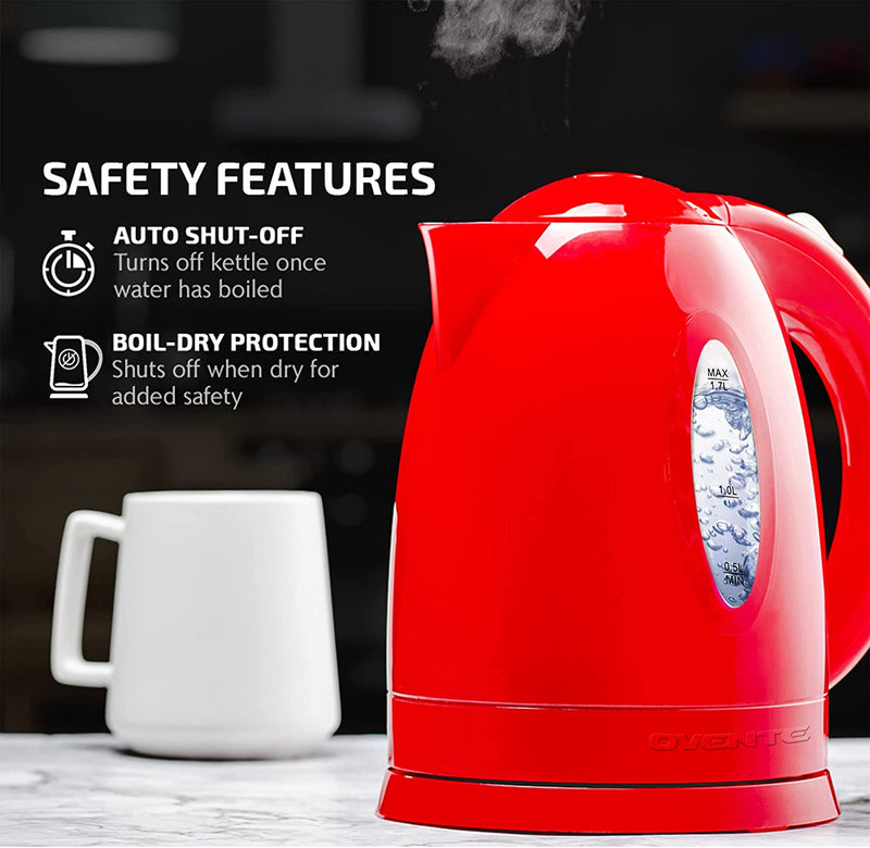 OVENTE Electric Kettle Hot Water Heater 1.7 Liter - BPA Free Fast Boiling Cordless Water Warmer - Auto Shut Off Instant Water Boiler for Coffee & Tea Pot - Red KP72R