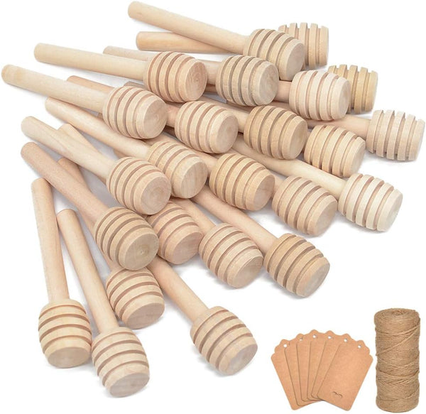 100Pcs 3 Inch Wood Honey Dipper Sticks with Natural Jute Twine & Kraft Paper Tags for Honey Jar Dispense Drizzle Honey Wedding Party Family by BNK