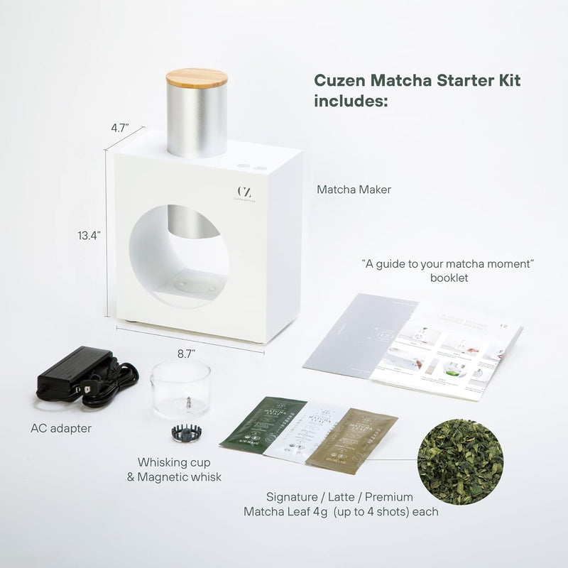 Cuzen Matcha Maker Starter Kit, an Innovative At-home Matcha Machine that Produces Freshly Ground Matcha from Organic Shade-grown Japanese Tea Leaves (White)