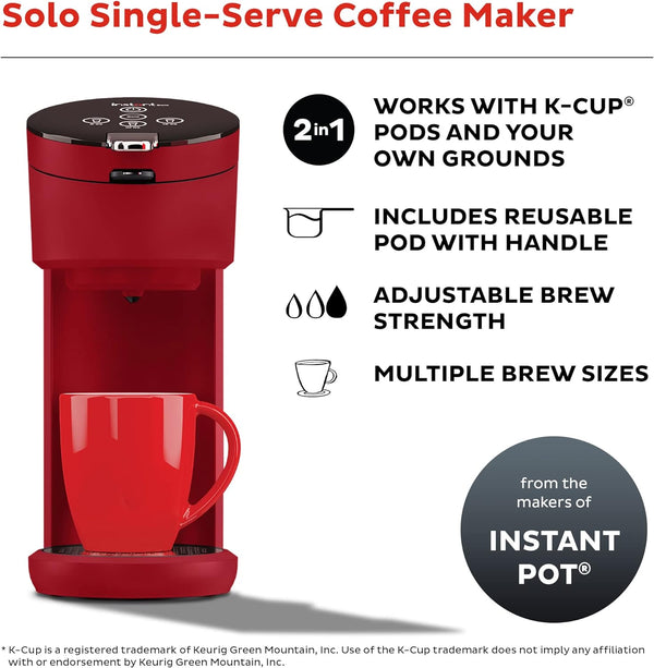 Instant Solo Single Serve Coffee Maker, From the Makers of Pot, K-Cup Pod Compatible Brewer, Includes Reusable & Bold Setting, Brew 8 to 12oz., 40oz. Water Reservoir, Red