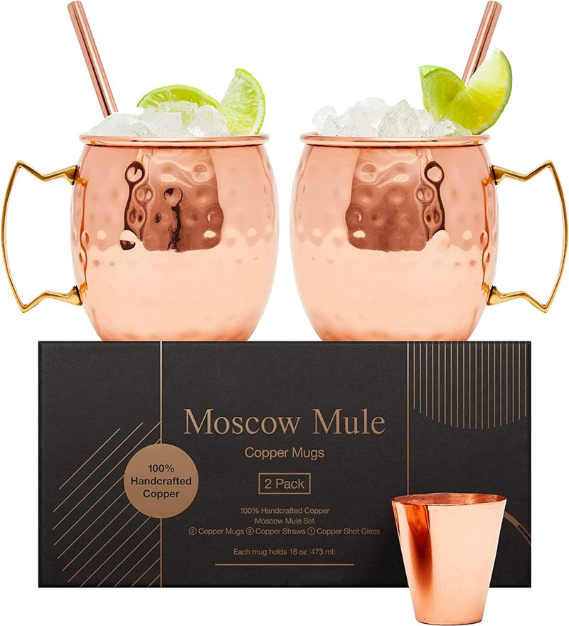 will's Moscow Mule Copper Mugs - Set of 4-100% Pure Solid Copper Mugs - 16 oz Premium Gift Set with 4 Cocktail Copper Straws, Shot Glass and Recipe Booklet