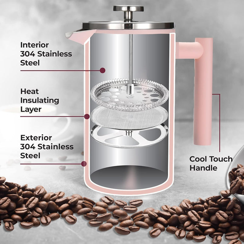 Outlery French Press - Stainless Steel Coffee Maker - Portable Press Coffee - Barista-Quality for Camping and Home Brewing - Durable and Convenient Design - Ideal for Hot and Flavorful Coffee (Pink)