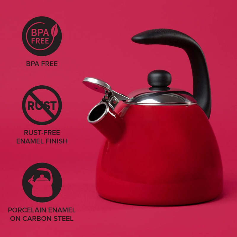 Farberware Bella Water Kettle, Whistling Tea Pot, Works For All Stovetops, Porcelain Enamel on Carbon Steel, BPA-Free, Rust-Proof, Stay Cool Handle, 2.5qt (10 Cups) Capacity (Garnet)