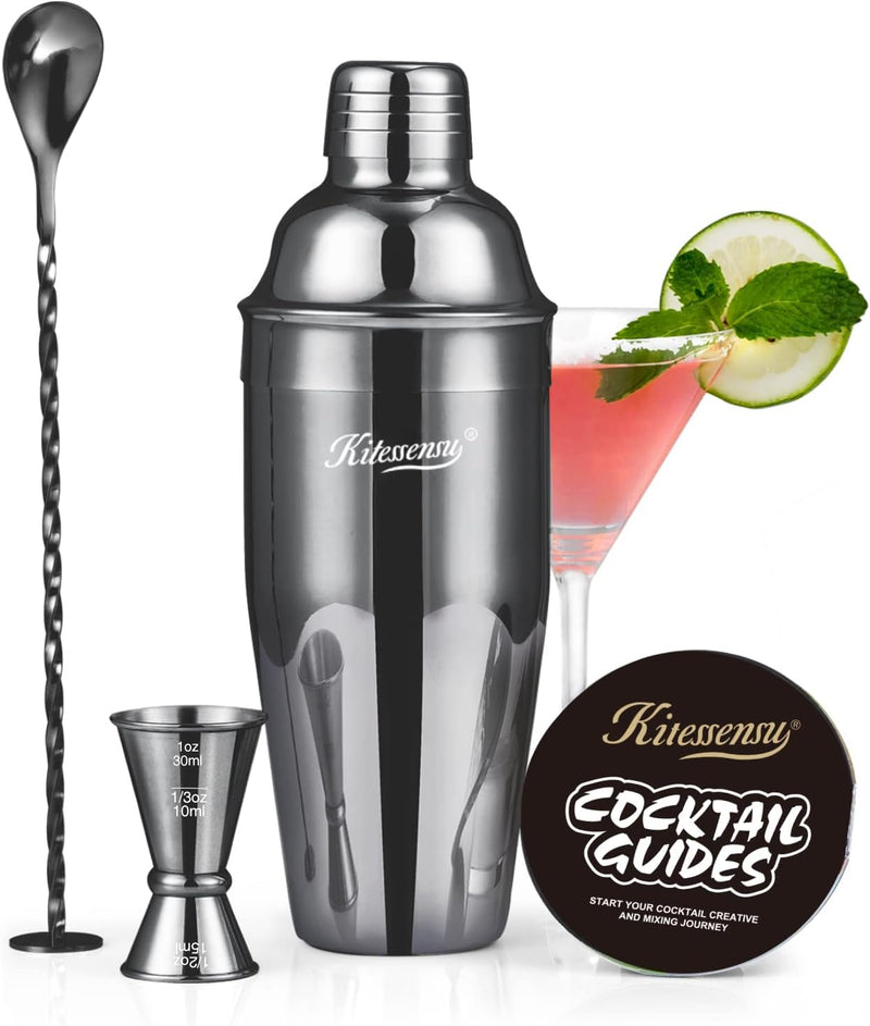 Cocktail Shaker, KITESSENSU 24oz Drink Shaker with Bartender Strainer, Measuring Jigger, Bar Mixing Spoon, Cocktail Recipe Guide, Professional Drink Mixer Set for Beginners, Silver