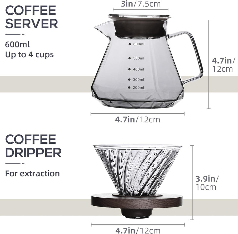 PUNNIO Pour Over Coffee Maker, 20oz/600ml Borosilicate Glass Drip Coffee Maker Pour Over Set for 1-4 Cups, Coffee Dripper with Glass Carafe Coffee Server for Home/Office/Coffee Bar (Gray)