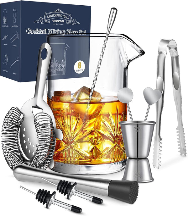 Cocktail Mixing Glass, veecom 18oz Mixing Glass 10 Piece Old Fashioned Kit, Cocktail Mixing Glass Set Bartender Kit with Cocktail Strainer, Muddler, Spoon, Jigger, Ice Tongs, Picks, Pourers, Bar Set