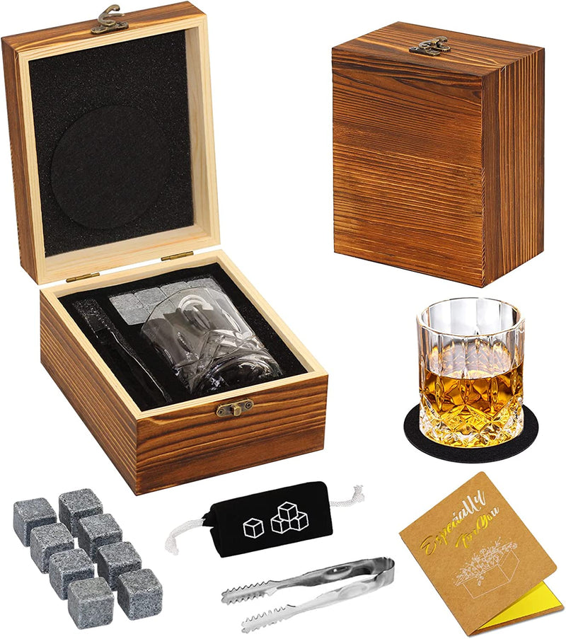 Whiskey Stones and Whiskey Glass Gift Set, DIOXADOP 8 Natural Whisky Stones 1 Crystal Whisky Glasses with Blessing Card in Exquisite Wooden Box, Prepare a Gift for a Whisky Scotch Bourbon Lover