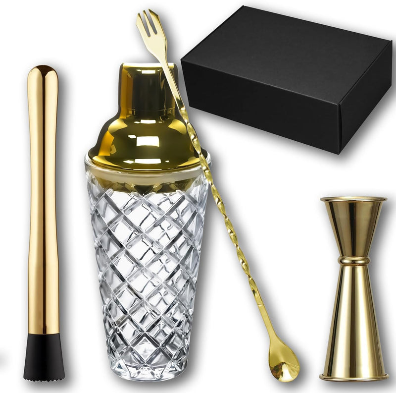 Gbuxska Glass Cocktail Shaker Kit, 14.2 Ounce Martini Mocktail Making Set with Leakproof Metallic Steel Lid & Strainer for Home Use & Bar Cart Gold