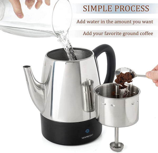 Mixpresso Electric Percolator Coffee Pot, Stainless Steel Coffee Maker, Percolator Electric Pot - 4 Cups Stainless Steel Percolator With Coffee Basket