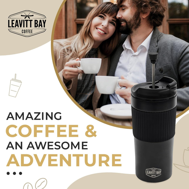 Portable French Press Travel Mug (15oz) - Stainless Steel & Double Wall Vacuum Black Coffee Maker – Single Serve French Press for Travel, Home, Office, or Camping - No Leak Coffee or Tea Press Tumbler