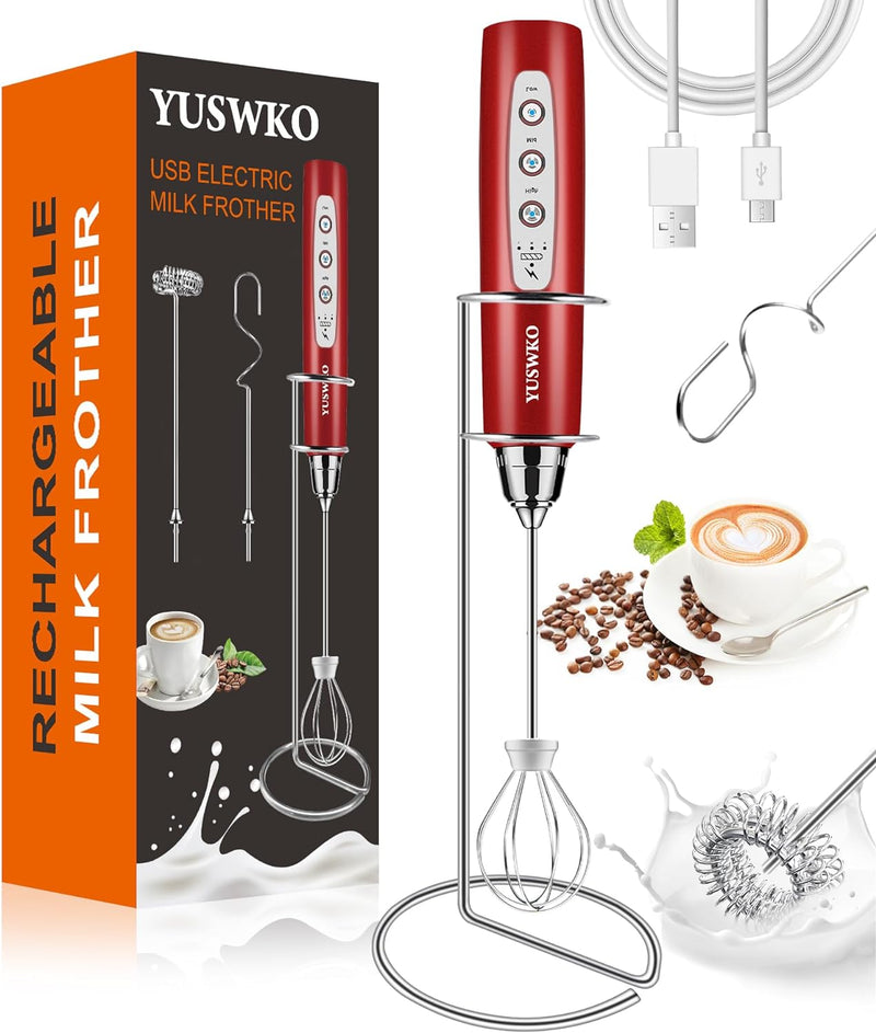 YUSWKO Milk Frother Handheld with 3 Heads, Electric Whisk Drink Foam Mixer with USB Rechargeable 3 Speeds, Mini Frother for Coffee Latte, Cappuccino, Hot Chocolate, Egg - Black