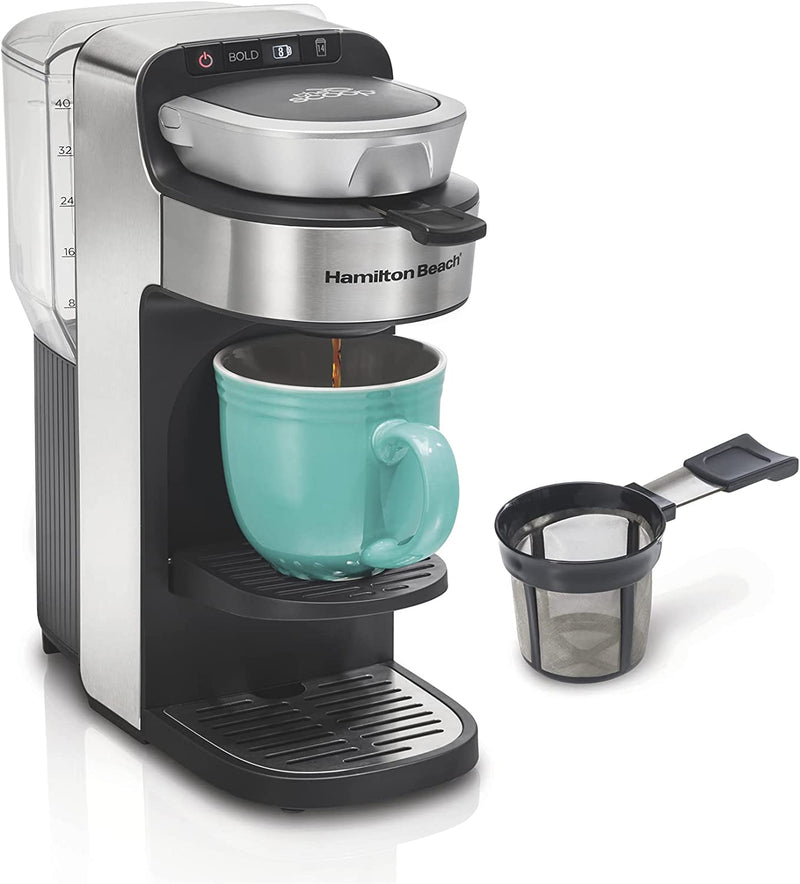 Hamilton Beach The Scoop Single Serve Coffee Maker & Fast Grounds Brewer, Brews in Minutes, 8-14oz. Cups, Stainless Steel
