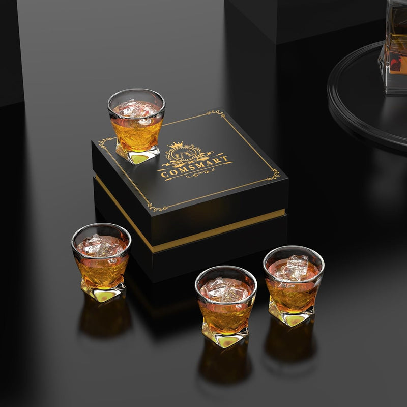 Comsmart Whiskey Glass Set of 4 with Luxury Box, 10 oz Crystal Old Fashioned Lowball Rocks Glasses, Gift for Men Drinking Scotch Bourbon Cocktail Liquor Vodka Malt Cognac