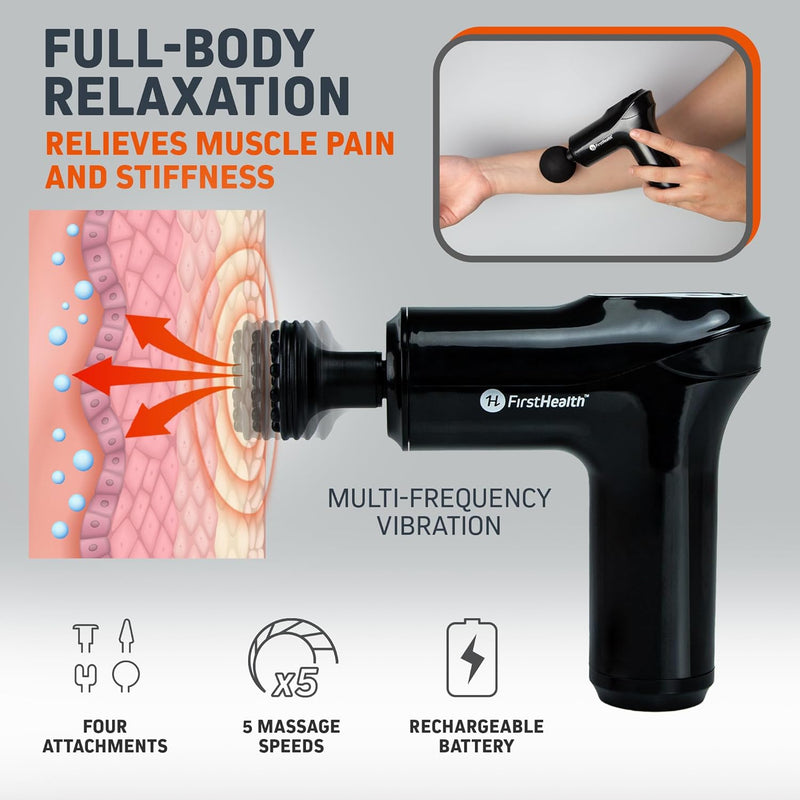 FIRSTHEALTH Mini Massage Gun | Portable, Cordless, Rechargeable Handheld Percussion | Mini Muscle Massager w/ 5 Speed Settings, 4 Attachment Heads | Use for Neck Massage, Back Massage, Tension Relief