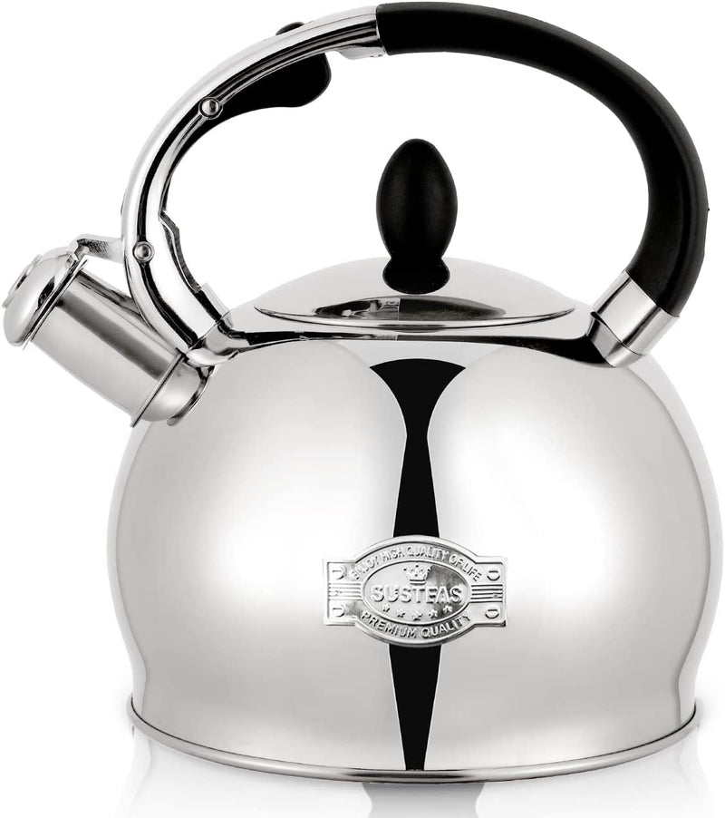 SUSTEAS Stove Top Whistling Tea Kettle-Surgical Stainless Steel Teakettle Teapot with Cool Touch Ergonomic Handle,1 Free Silicone Pinch Mitt Included,2.64 Quart(BLACK)