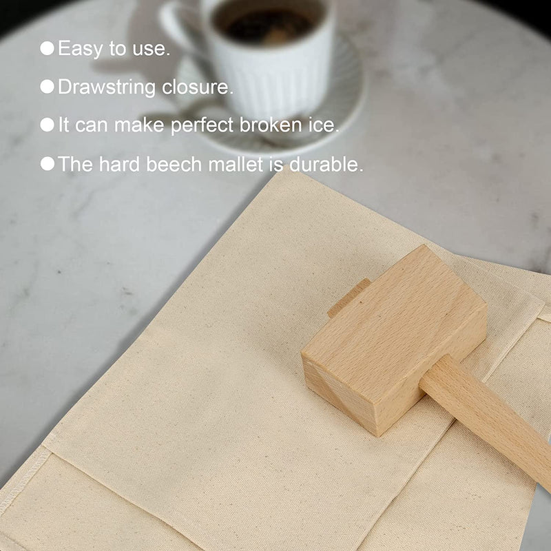 Professional Lewis Bags and Ice Mallet Set - Reusable Canvas Crushed Ice Crushing Bags with Wooden Mallet for Bartender Kit & Bar Tools Kitchen Accessory