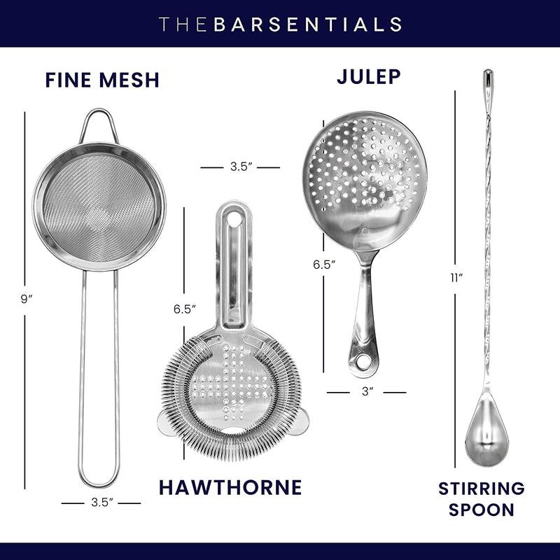 TheBarsentials Cocktail Strainer Set Stainless Steel Bar Tool with Stirring Spoon - Hawthorne Strainer, Julep Strainer, Fine-Mesh Strainer/Sifter