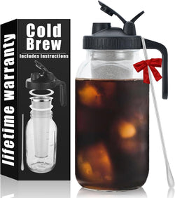 Cold Brew Mason Coffee Maker - 64oz Iced Coffee Pitcher with Stainless Steel Mixing Spoon & Super Dense Filter 3 Steps Finish Cold Brew Coffee, Classic BPA Free Sturdy Mason jar Pitcher with Black Lid Easy to Clean