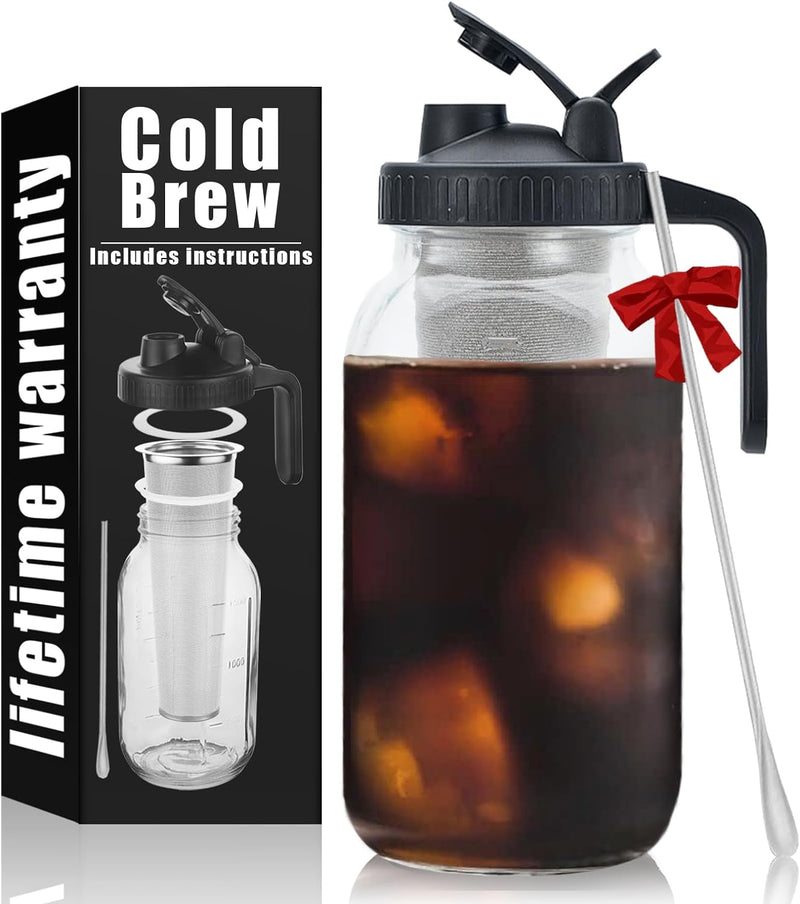 Cold Brew Mason Coffee Maker - 64oz Iced Coffee Pitcher with Stainless Steel Mixing Spoon & Super Dense Filter 3 Steps Finish Cold Brew Coffee, Classic BPA Free Sturdy Mason jar Pitcher with Black Lid Easy to Clean