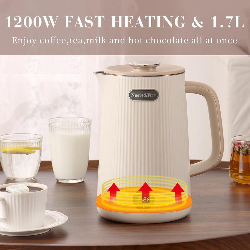 Nueve&Five Electric Kettle With Digital Temperature Display(℉/℃）,White Electric Tea Kettle 1.7L,Auto Shut Off,Double Wall,1200W Hot Water Kettle Electric of Stainless Steel