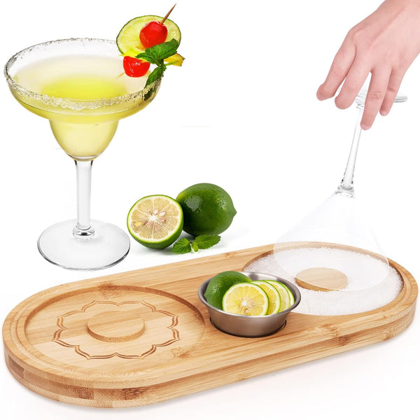 Margarita Salt Rimmer Set Salt Sugar Glass Rimmer for Cocktails Bamboo Salt Rimmer for Wide Glasses up to 6 Inches, Bartender Tool with Stainless Steel Spice Container for Lime/Spice Seasoning