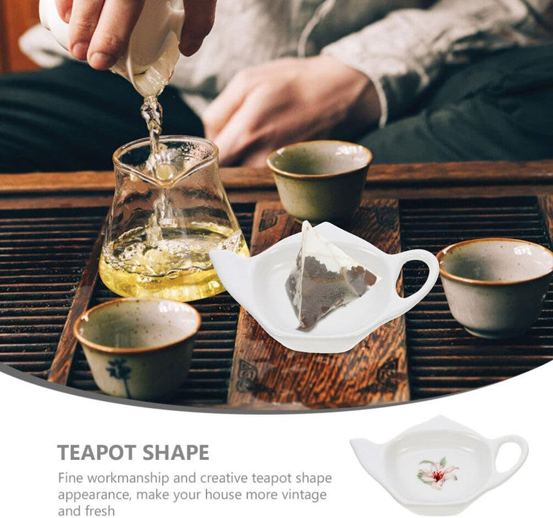 BESTonZON Tea Bag Holder, Ceramic Tea Bag Coaster Teapot Shaped Tea Time Organizer Sugar Packet Dispenser Spoon Rest Snacks Seasoning Dish for Kitchen Home