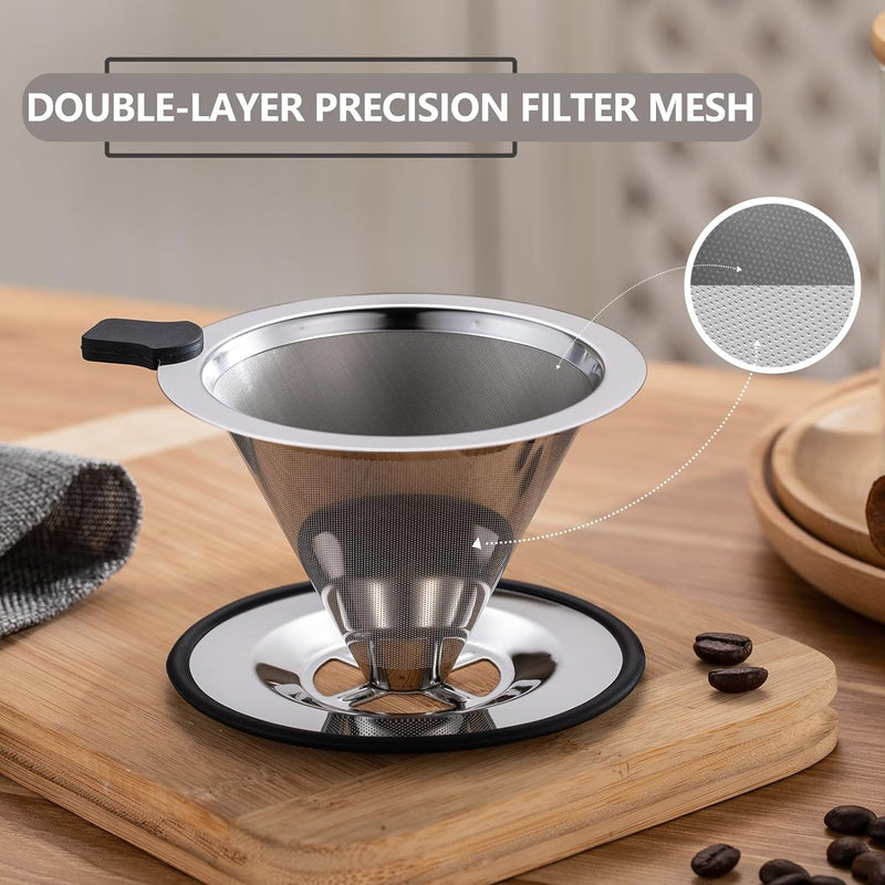 Pour Over Coffee Dripper INSINTAR Reusable Stainless Steel Pour Over Coffee Filter Paperless Metal Coffee Strainer Single Cup Pour Over Coffee Maker for 1-2 Cup (Sliver)