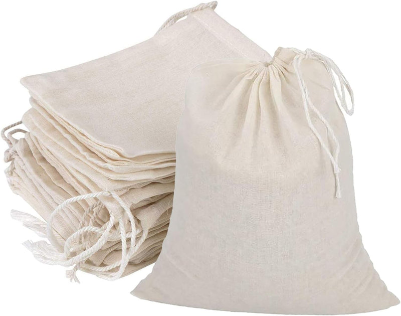 GIYOMI 20 Pcs Muslin Drawstring Bags,Natural Unbleached Cotton Straining Herbs Cheesecloth Bags, Coffee Tea Brew Bags, Soup Gravy Broth Stew Bags, Bone Broth Brew Bags,Spice Bags, 4 x 3 Inches