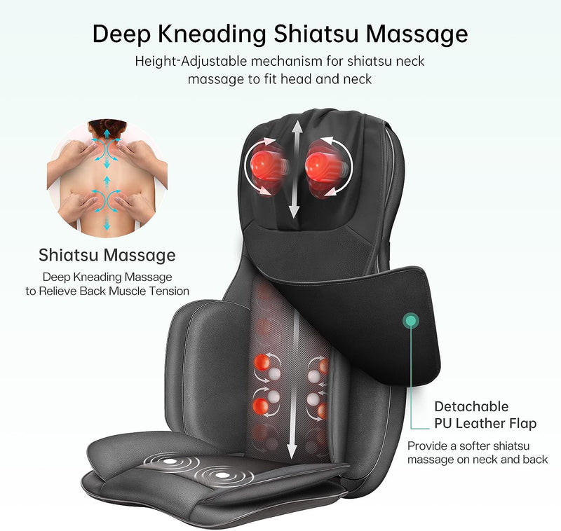 Snailax Full Body Massage Chair Pad -Shiatsu Kneading Seat Portable Neck Back Massager with Heat & Compression for Back and Shoulder