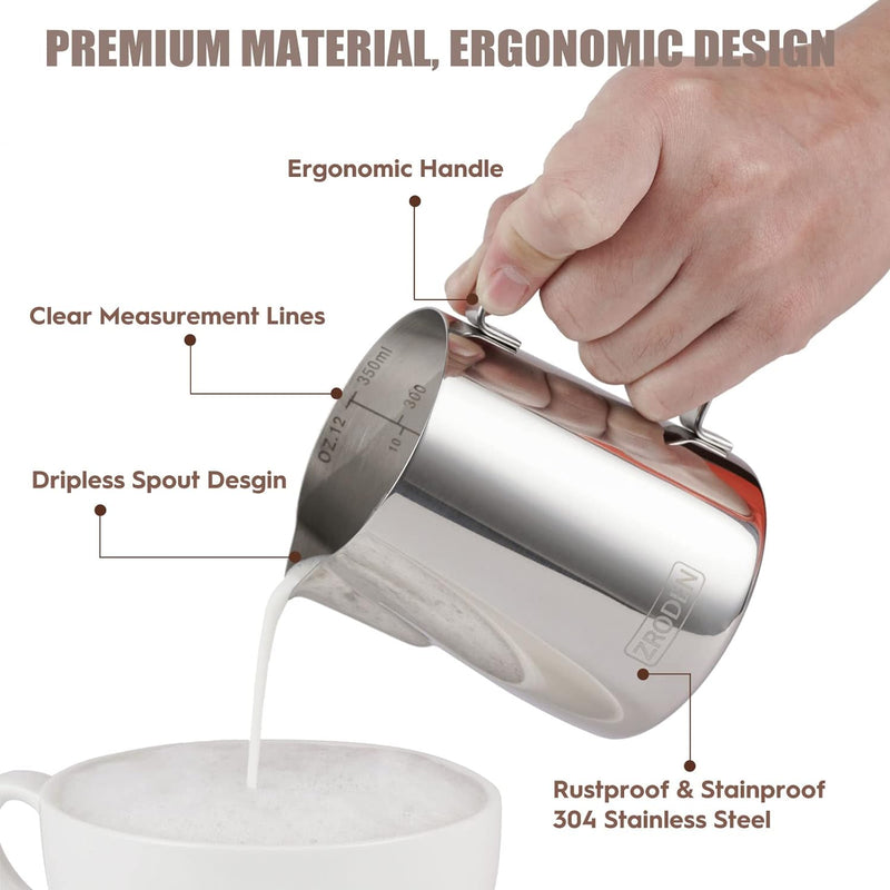 Milk Frothing Pitcher, 12oz 20oz 32oz Espresso Steaming Pitchers Stainless Steel Cappuccino Coffee Machine Accessories Barista Tools Steamer Froth Pitchers Milk Jug Cup with Decorating Pen Latte Art