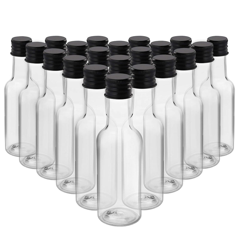 Belle Vous Mini Liquor Bottles (24 Pack) - Reusable Plastic 50ml (1.7 fl oz) Empty Spirit Bottle with Black Screw Cap, Liquid Funnel for Easy Pouring, Filling - Miniature Bottles for Weddings, Parties