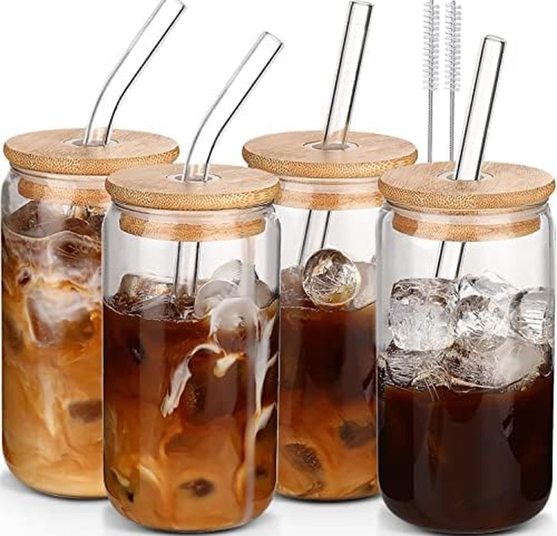 Glass Cups 16oz,Glass Cups with Lids and Straws 4pcs-DWTS Coffee cups,Drinking glasses set,Glass tumbler with straw and lid gift 2 Cleaning Brushes