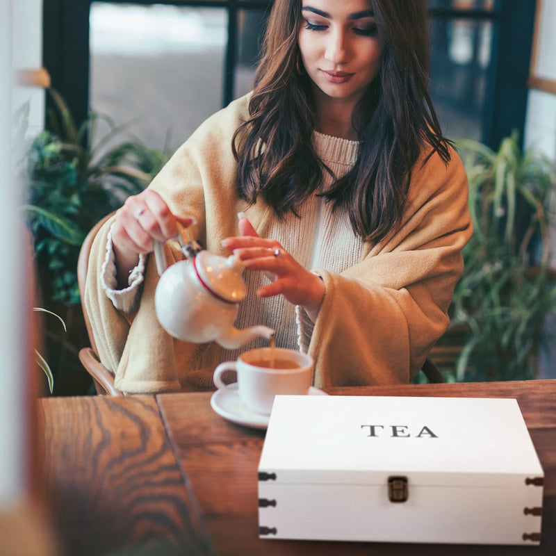 Zen Earth Inspired White Wooden Tea Box Storage Chest Box Big Pine Wood Kitchen Organizer Large, Tall, Adjustable