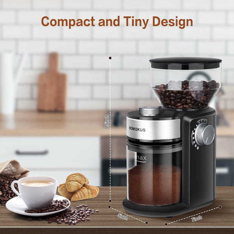 HOMOKUS Electric Burr Coffee Grinder - Adjustable Burr Mill Coffee Bean Grinder with 18 Grind Settings - Coffee Grinder 2.0 for Espresso Drip Coffee and French Press - 2-14 Cup Capacity