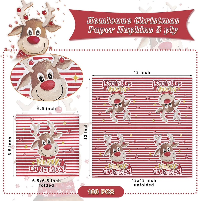 Homlouue 100 Christmas Paper Napkins 3ply, Merry Christmas Cocktail Napkins for Bathroom, Cartoon Reindeer Napkins Disposable for Dinner Kitchen Dinner, Paper Towels for Holiday Xmas Winter Christmas