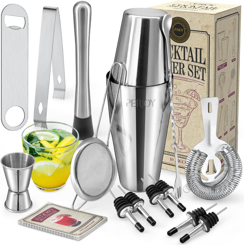 Perjoy Cocktail Shaker Set, 16 Piece Bartender Kit, Cocktail Shaker, Stainless Steel Bar Set Accessories, Coktail Set, Boston Shaker, Drink Mixer Shaker, Bartending Bar Tools with Muddler Spoon Jigger