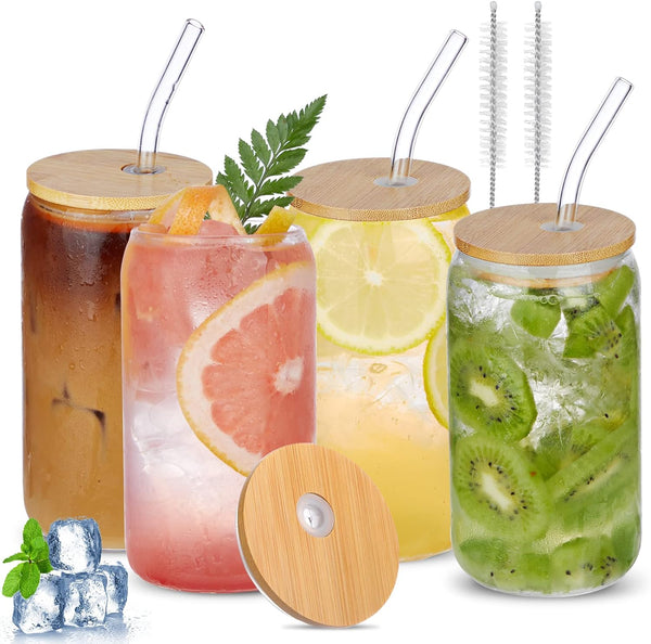 FASISOY Glass Cups with Bamboo Lids and Straws 4pcs 16oz Coffee Beer Can Cups with Lids and Straws Drinking Glasses glass coffee mugs Aesthetic Cute Glass Tumbler, Coffee Bar Accessories Gifts