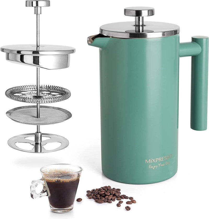 Mixpresso Stainless Steel French Press Coffee Maker 27 Oz 800L Double Wall Metal Insulation Coffee Press & Tea Brewer Easy Clean & Easy Press, Strong Quality Coffee Press, Green