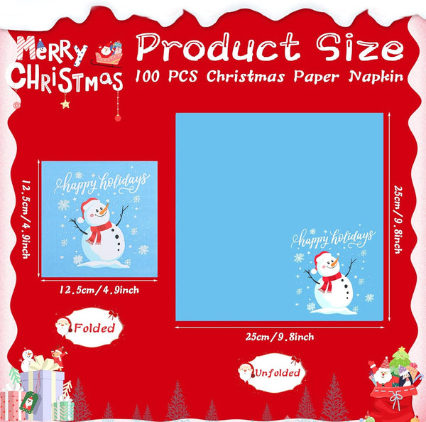 100 Pcs Christmas Napkins Snowman Paper Napkins Merry Christmas Tree Snowflake Cocktail Napkins Xmas Elk Guest Paper Towel for Winter Holiday New Year Family Gathering Party Supplies
