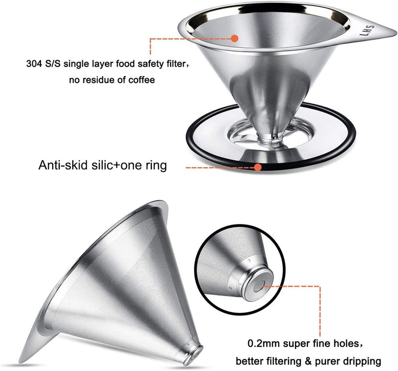 LHS Pour Over Coffee Dripper Stainless Steel Coffee Filter Metal Cone Filter Paperless Reusable Coffee Filter Single Cup Coffee Maker 1-2 Cup With Non-slip Cup Stand and Cleaning Brush